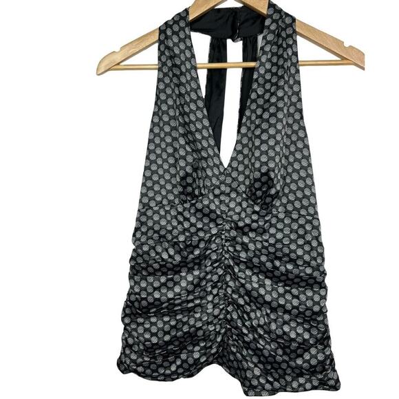 EXPRESS Y2K 8 Dot and Stripe Black/Gray/White Satin Ruched Halter Neck Tank - Picture 1 of 9